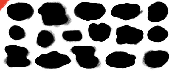 Fototapeta premium Spray paint splotch frames with graffiti drip for street art overlay. Black spray spot patches in organic ink with rough edges. Textured vector paint blobs for sale badge and promotion banner isolated