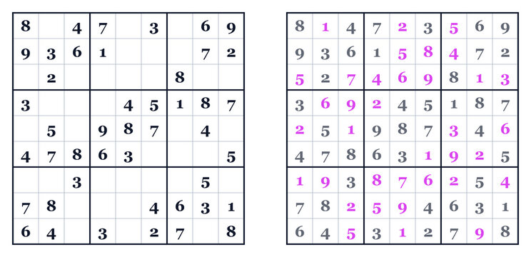Classic Sudoku puzzle with filled and empty grids for solving . Easy level