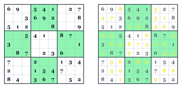 Classic Sudoku puzzle grid with highlighted numbers and solutions . Easy level
