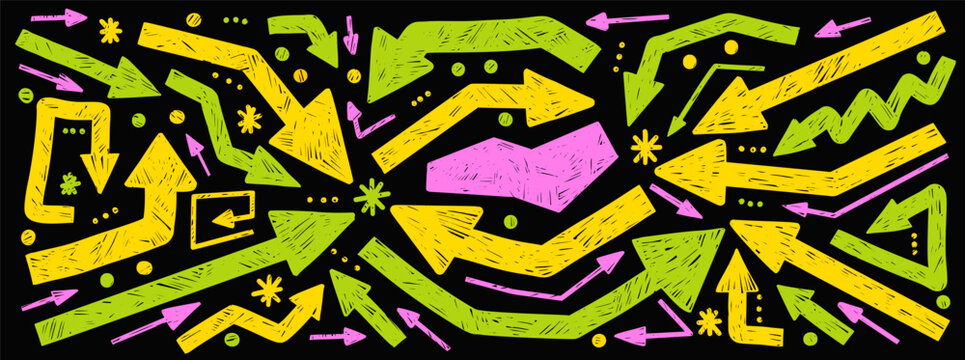 Bold arrow and chalk crayon with hand drawn neon shape and thick doodle figure. Yellow green and pink scribble pointer turn marks on dark. Vector bold arrow set isolated for collage and school design.