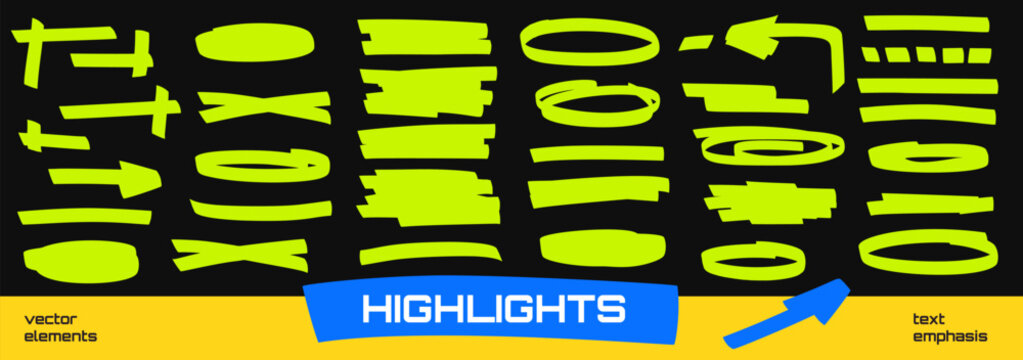 Green marker highlight shapes with corner ovals and arrow elements for text patches. Felt tip swipe lines and oval emphasis marks for annotation. Vector marker highlight set on dark backdrop isolated.