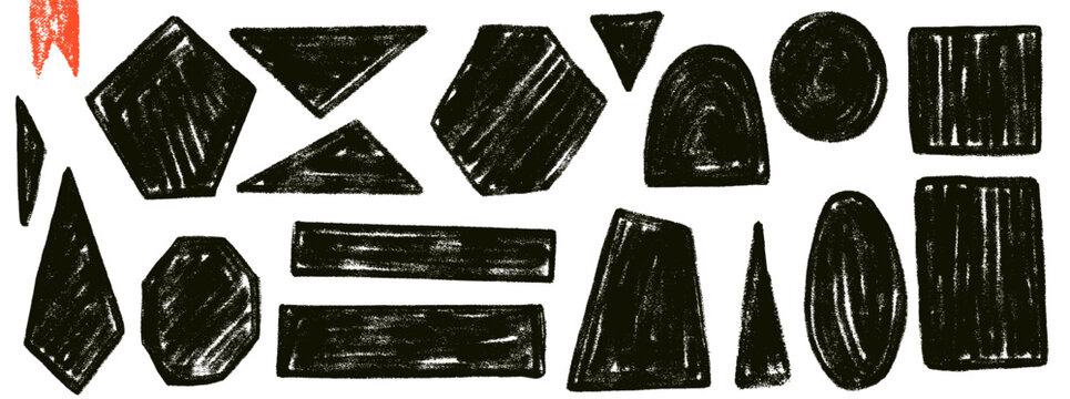 Quote boxes shapes in heavy crayon or ink with handmade grunge texture. Geometric quotation and text box frames including arch, oval, trapezoid and triangle. Black linocut vector elements for callout.