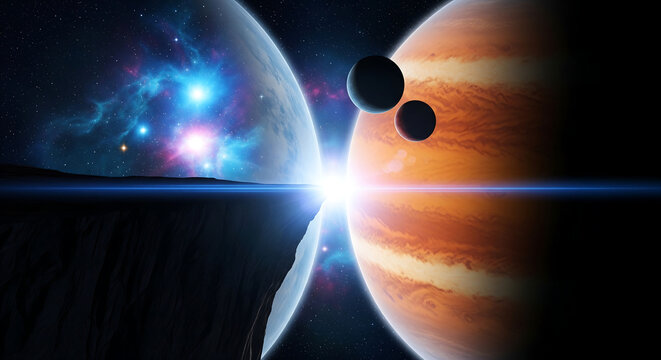Cosmic celestial planets and black holes floating in surreal space with cosmic rays and glowing nebula