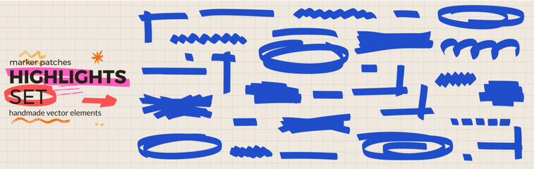 Highlighter marker patches with felt tip annotation in blue ink for journal and study note. Hand drawn highlighter and marker scribbles with pen line. Vector handmade element set isolated for school. © Syuzann q