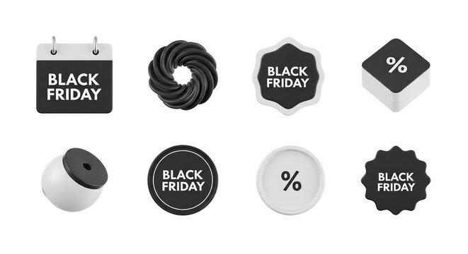 Black Friday Sale Icons Calendar Badges and Percentage Symbols.