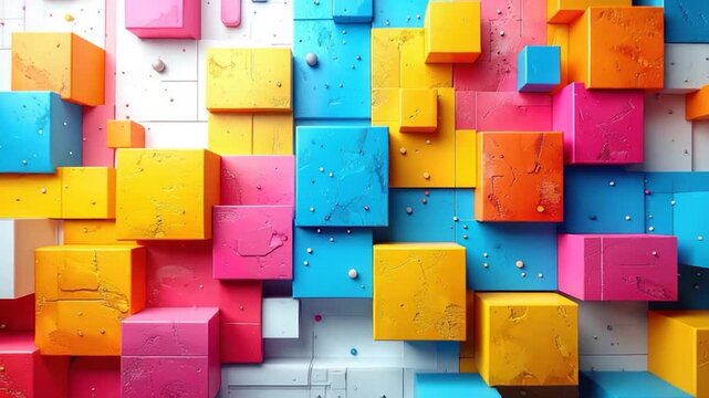 Colorful 3D cubes of various sizes and shades create a dynamic, textured design