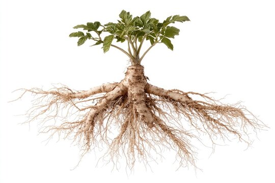 A plant with a large taproot and extensive root system against a white background