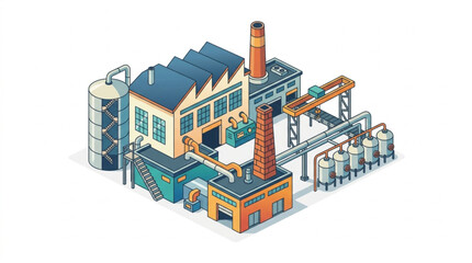 Naklejka premium Industrial Factory Building with Smokestacks and Silos.