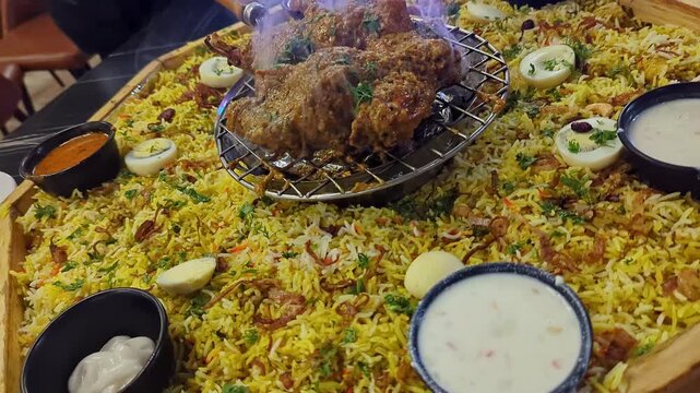 Closeup view of Arabian mandi biryani with tandoor cooked meat served on plate