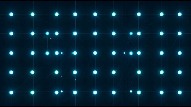 Glowing blue dots arranged in a precise grid pattern forming a complex interconnected data network structure