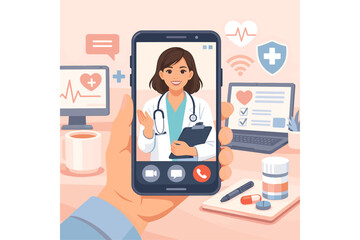 Fototapeta premium Smartphone Healthcare Illustration with Woman Doctor