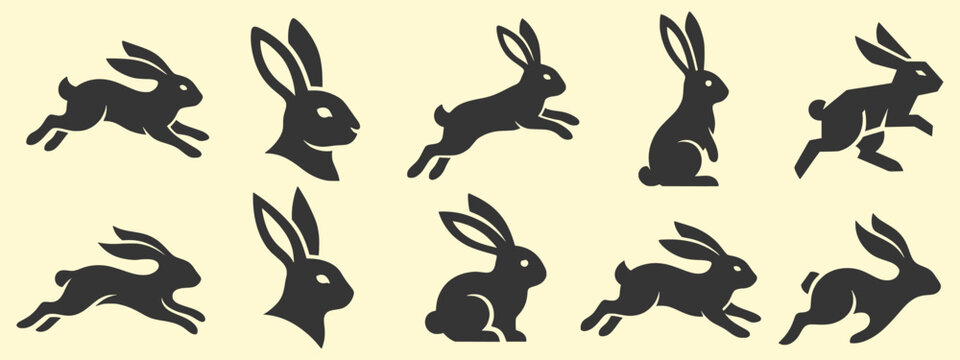 Set of rabbit silhouettes in jumping and sitting poses with wildlife silhouette illustration