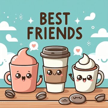  Best Friends text Vector illustration banner template for social media Coffee cups with funny faces on wooden table with isolated pastel sky blue background, created with generative ai