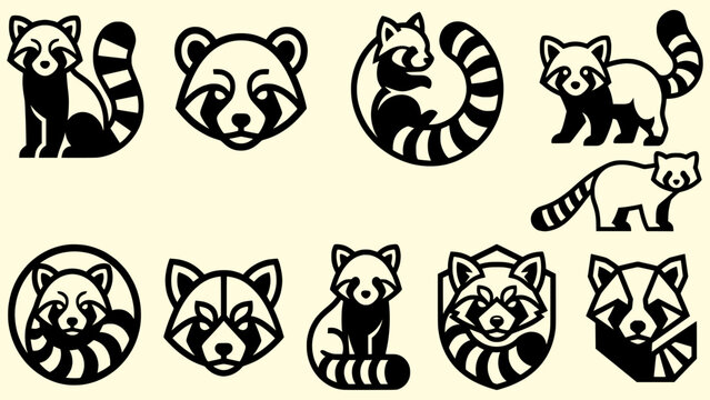 Set of red panda minimalist graphic icons with wildlife minimalist illustration silhouette