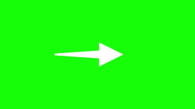 A clean and minimalist 2D animation of a white arrow pointer moving horizontally against a chroma key green screen background. Ideal for video editing overlays, presentation pointers, tutorials, digit