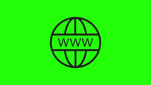 A minimalist line art animation of a WWW internet globe icon drawing itself with black outlines on a chroma key green screen background. Ideal for web developers, tech intros, digital marketing agenci