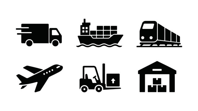 Logistics and shipping icons set featuring cargo ship delivery truck freight train airplane forklift and warehouse storage