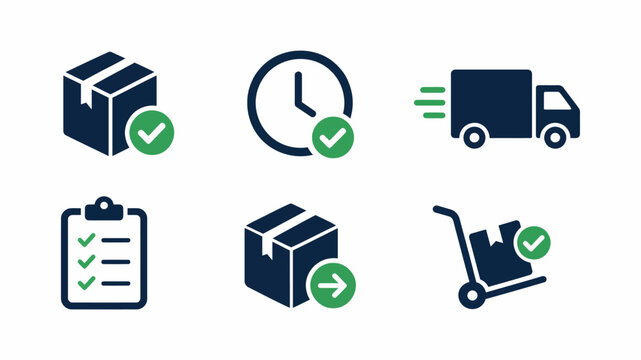 Set of logistics and delivery flat icons representing shipping fulfillment parcel tracking and order confirmation