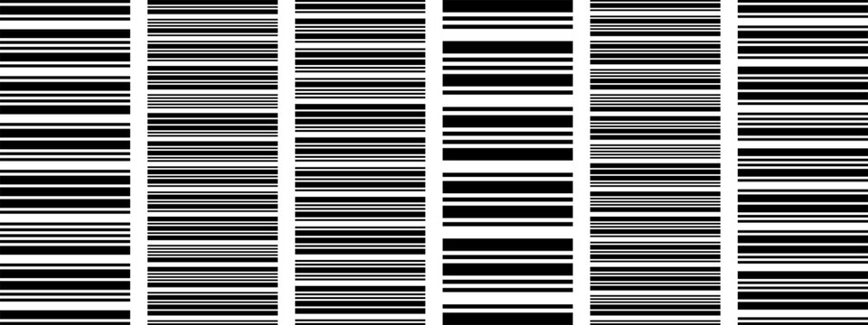 Black horizontal barcode lines forming a continuous seamless pattern. Clean vector illustration with parallel stripes. Repeating geometric background for packaging, posters and digital design.