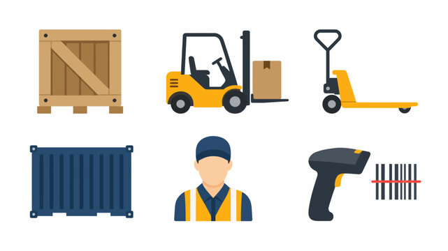 Professional logistics and supply chain flat icon set including cargo container forklift pallet jack and warehouse worker