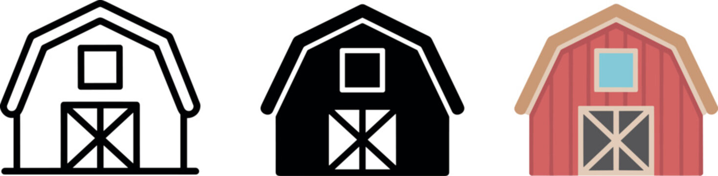 Barn house vector set featuring outline black silhouette and red farmhouse flat icon illustrations