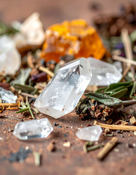 Natural crystals mixed with dried herbs, organic plant textures, blurred earthy background, herbal and healing concept. Close-up.