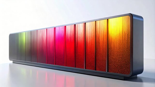 Long, modern, rectangular structure with graduated color panels