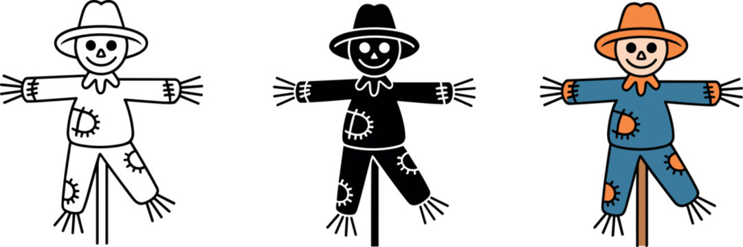 Cute scarecrow icon set vector with outline glyph and colorful flat design styles for autumn harvest festival decor