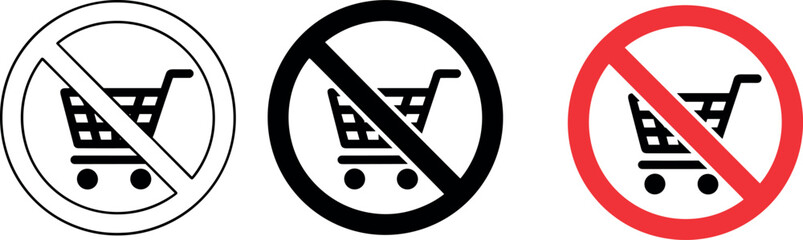 No shopping cart icon set vector with outline glyph and restricted red warning signs for forbidden retail commercial areas © MdMahedi