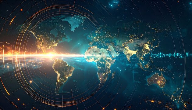 A futuristic digital illustration of a world map with glowing lines and orbs