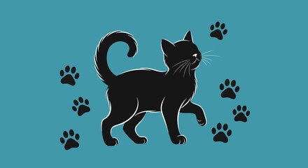 Black Cat Silhouette with Paw Prints on Blue Background © Elvano Pradipta
