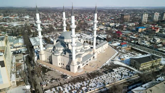 Imam Sarahsi Bishkek Central Mosque, drone long fly around shot