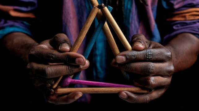 Close-up of hands holding a wooden musical triangle instrument with a purple beater