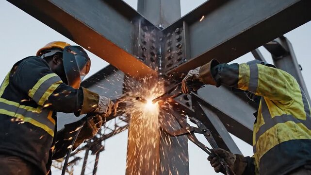 Construction Workers Welding Structural Steel Beams Together Outdoors in Industrial Setting