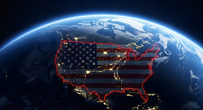 United states map with american flag overlay viewed from space at night with glowing city lights