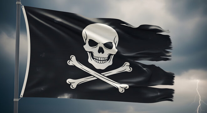 A weathered jolly roger pirate flag with a skull and crossbones design waving against a dark, stormy sky with lightning in the background
