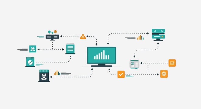 A complex infographic flowchart with various icons and symbols connected by dotted lines.