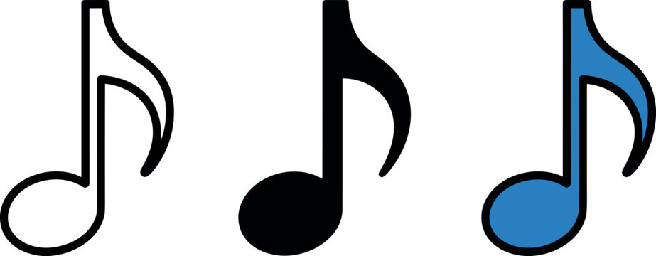 Musical eighth note vector icon set with outline silhouette and blue colored flat design variations