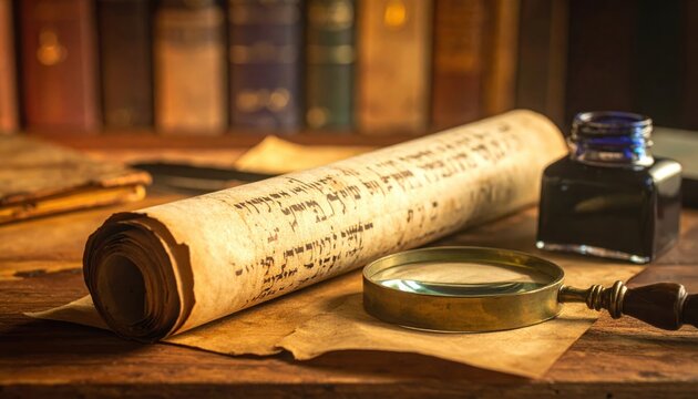 An ancient Hebrew parchment scroll with meticulously transcribed script rests near a magnifying glass, evoking historical study and religious tradition.