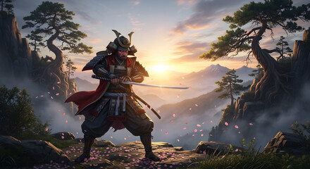 Naklejka premium A majestic samurai warrior in traditional armor standing on a cliff edge at sunrise, surrounded by cherry blossom petals and misty mountain scenery