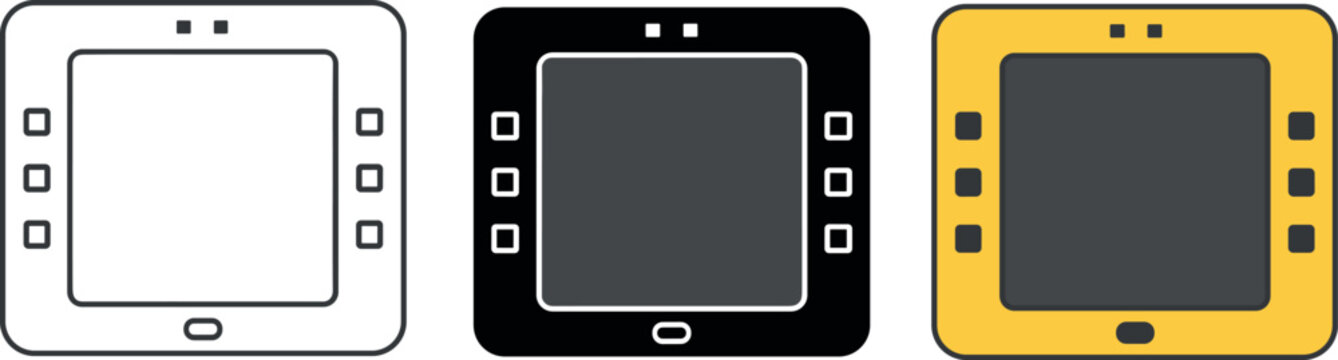 Electronic book reader vector icon set with outline silhouette and yellow colored flat design tablet variations