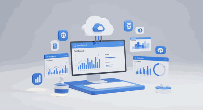 A computer screen displaying various data charts and graphs with cloud computing icons.