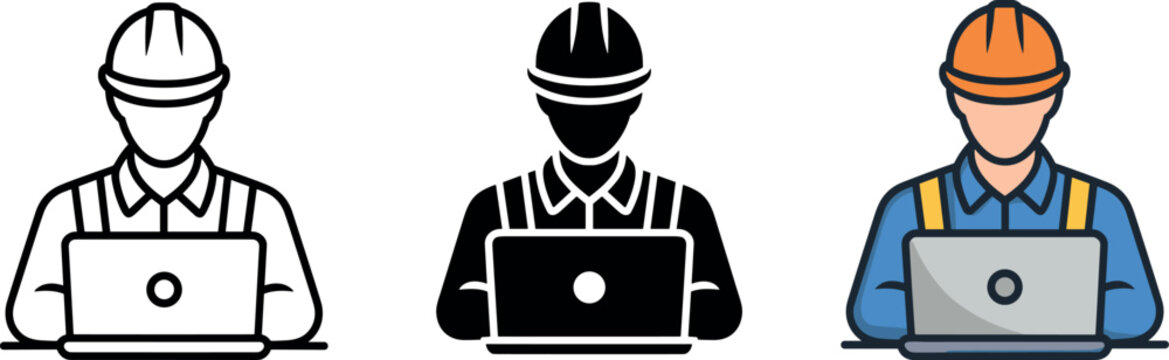 Engineer constructor worker with laptop vector icon set with outline silhouette and colored flat variations