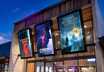 Three Modern Movie Theater Billboards Mockup for Cinematic Advertising and Branding Presentation