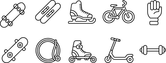 Extreme sports and fitness equipment outline icon set featuring skateboard bicycle roller skates and dumbbell © MdMahedi