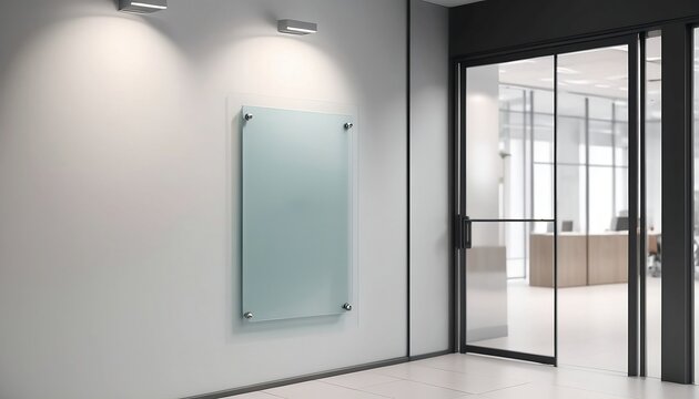 Blank glass nameplate design mockup, 3d rendering. Signplate mock up on the wall near office entrance interior. Signage panel door number template. Clear printing sign board created with generative ai