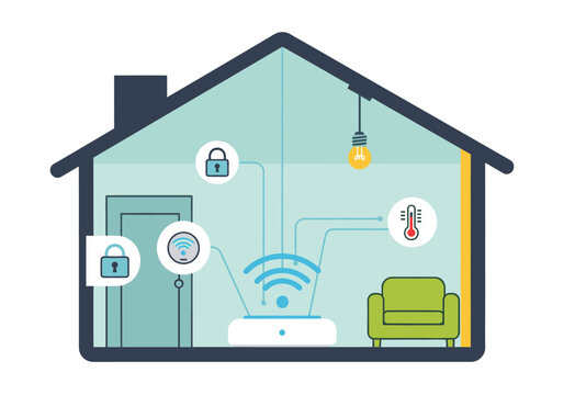 Smart home automation system cross section with connected devices.