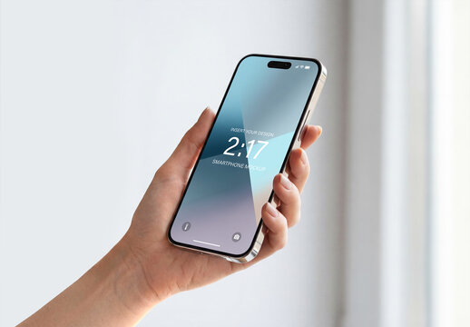 User Left Hand Holding Smartphone in White Interior Mockup