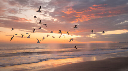 Fototapeta premium Flock of seagulls flying over the ocean at sunset serene beach landscape with colorful sky freedom and nature concept.