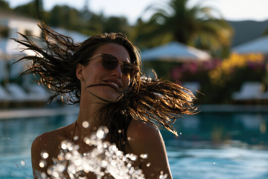A cheerful woman, wearing sunglasses, playfully splashes water in a bright pool while enjoying the sunny atmosphere, epitomizing joy, freedom, and summer adventure.